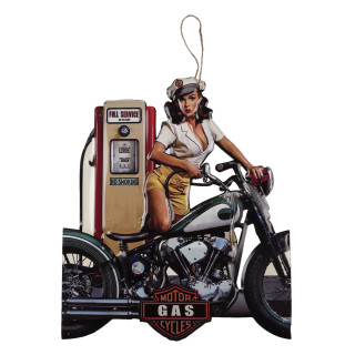 5Y0889 Nostalgie Pinup Girl Motorrad Tankstelle Textschild Nostalgieschild 60*70 cm Clayre & Eef