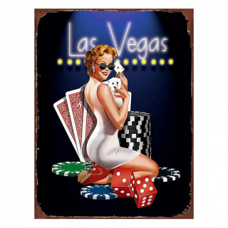 6Y5197 Nostalgieschild Blechschild Textschild Werbeschild Vegas Pin-Up-Girl Karten Glücksspiel Casino 25*1*33 cm Clayre & Eef