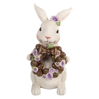 Clayre & Eef - Dekorationsfigur Hase mit Schokoladenkranz Weiß, Kunststoff - 17x16x30 cm